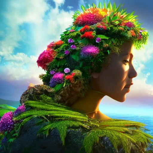 Image similar to Mother Nature with a crown made of flowers towering over a tropical island, Dramatic Lighting, Trending on Artstation HQ, 4K, UHD.