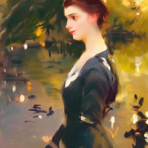 Image similar to beautiful and stunning portrait of a woman in a serene environment. by Antoine Blanchard and John Singer Sargent, trending on artstation 8k hq, art deco, cinematic lighting