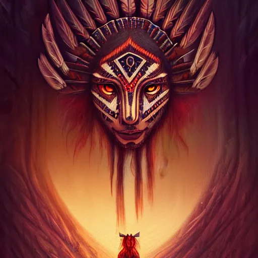 Image similar to : native american fantasy, fantasy magic,, intricate, sharp focus, illustration, highly detailed, digital painting, concept art, matte, jahbu art, skinwalker, horror