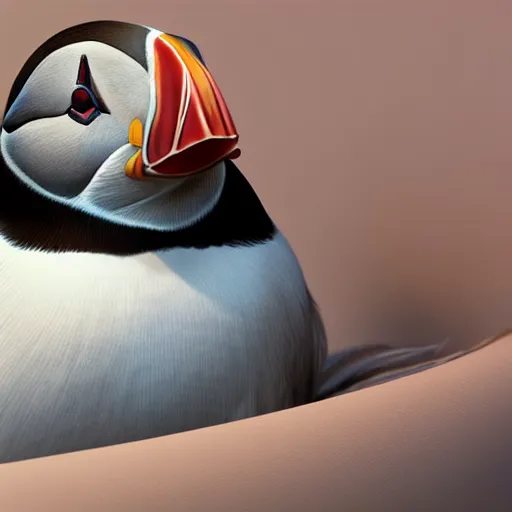 Image similar to puffin in a bed, Ultra realistic illustration, concept art, cgsociety, octane render, trending on artstation, artstationHD, artstationHQ, unreal engine, 4k, 8k --height 768