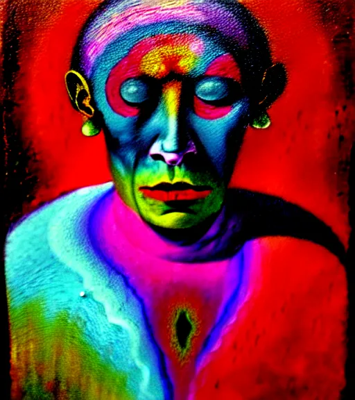 Image similar to Portrait painting in a style of Beksinski mixed with Alex Grey of an old shaman dressed in a colorful traditional clothes. psychodelic