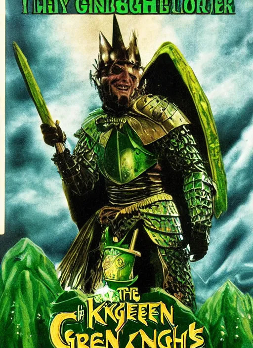 Image similar to The Green Knight (2021), 1980's VHS horror cover art, highly detailed