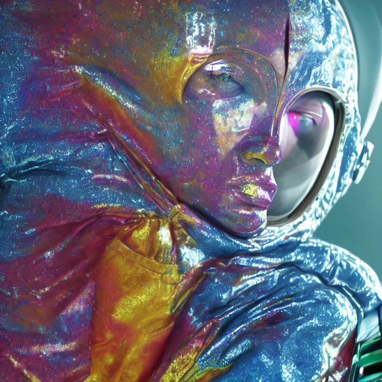 Prompt: octane render portrait by wayne barlow and carlo crivelli and glenn fabry, subject is a woman covered in tie - dye aluminum foil space suit with a colorful metallic space helmet, surrounded by alien plants, cinema 4 d, ray traced lighting, very short depth of field, bokeh