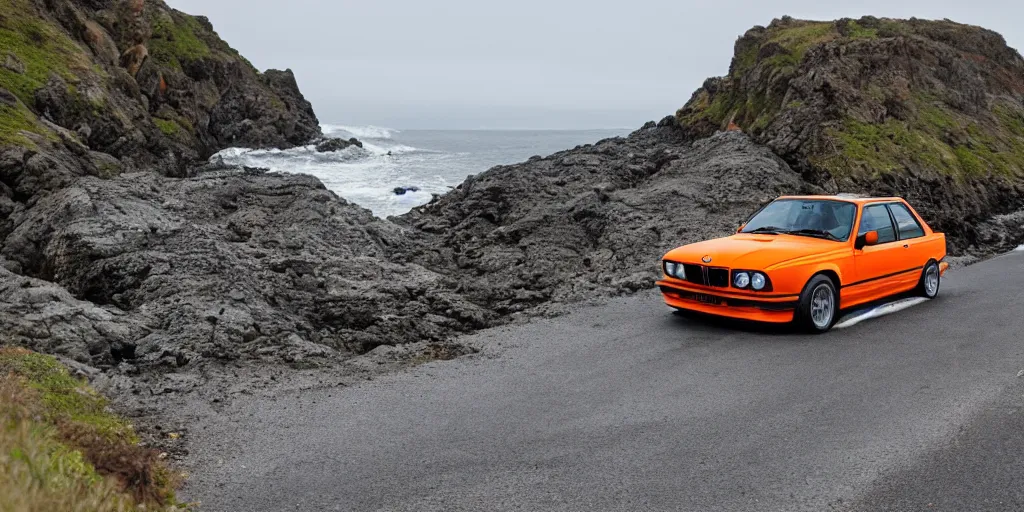 Image similar to orange bmw e30 m3 driving off a cliff into the ocean