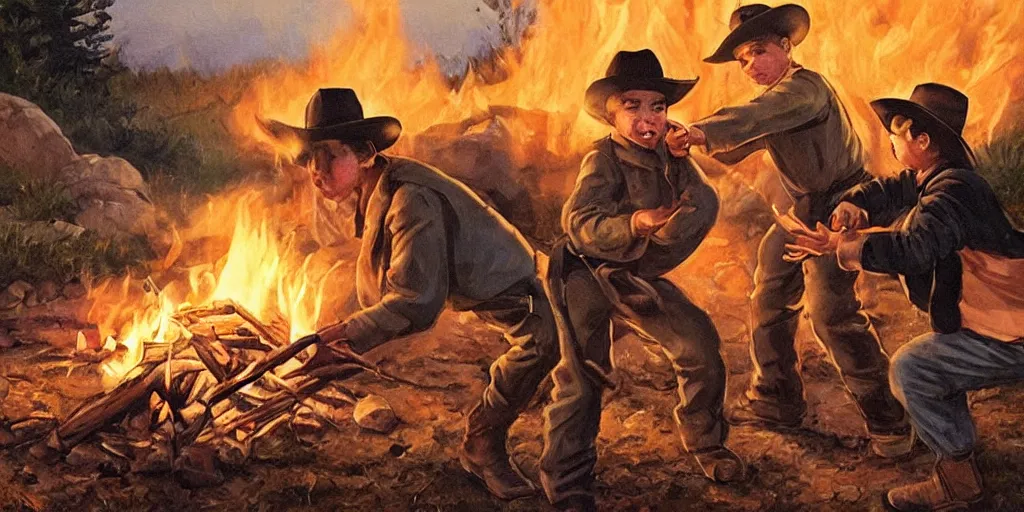 Prompt: at a campfire in the old west, a boy and a bandit wrestle, in the style of fredrick remington