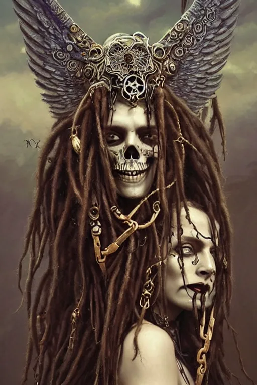 Prompt: evil angels that look like hippies with dreadlocks dancing with chains, fantasy, face with skull mask, long hair, intricate, elegant, highly detailed, digital painting, artstation, concept art, smooth, sharp focus, illustration, art by artgerm and greg rutkowski and aleister crowley