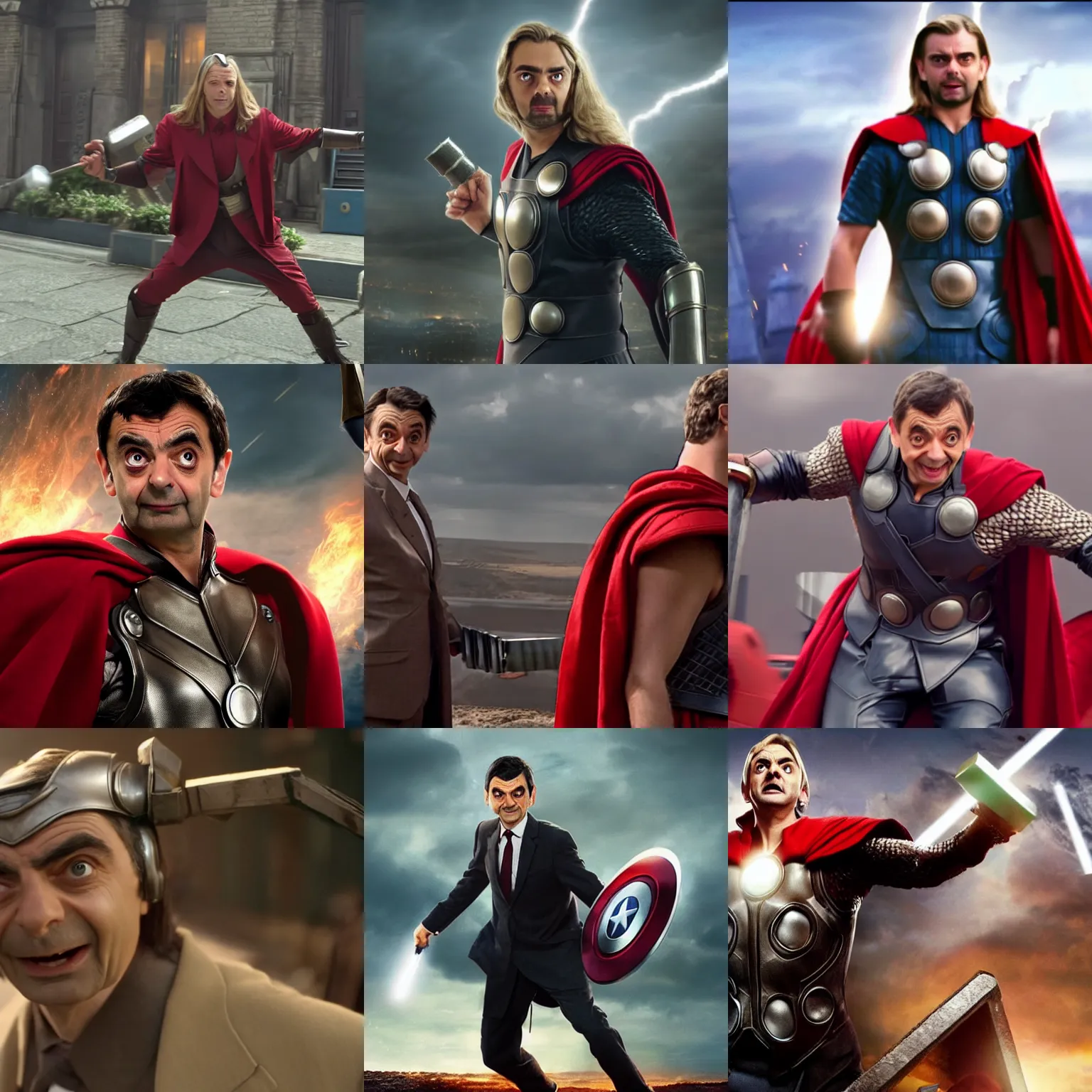 Prompt: a screenshot of mr. bean as thor in the avengers. 4 k