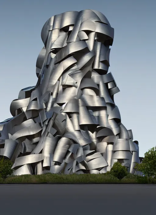 Image similar to highly detailed realistic architecture 3 d render of a futurisctic stele in frank gehry style made from atom models standing near a highway, archdaily, made in unreal engine 4 octane render