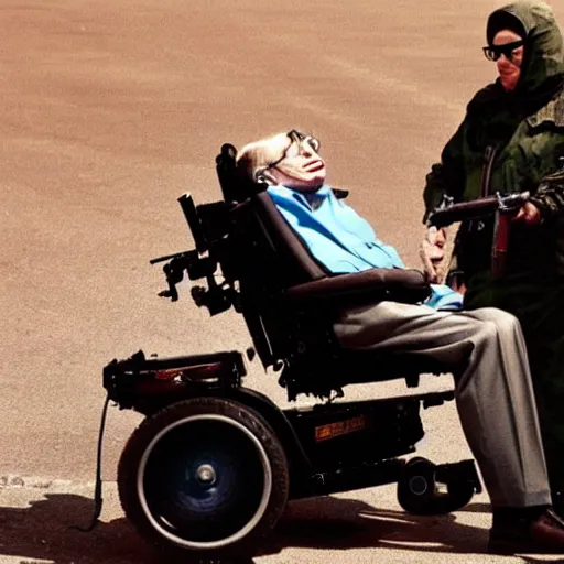 Image similar to stephen hawking with a rocket launcher blowing up terrorists