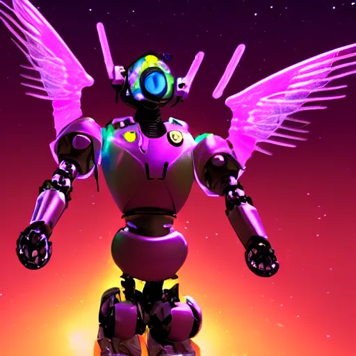 Prompt: robot paladin space warrior knight futuristic with glowing pink hologram angel wings, cinematic lighting, HD, high details, atmospheric