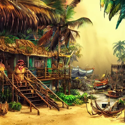 Prompt: tropical pirate shanty town, watercolor, dramatic lighting, cinematic, establishing shot, extremely high detail, foto realistic, cinematic lighting, pen and ink, intricate line drawings, post processed, concept art, artstation, matte painting, style by Steven Spielberg, Peter Jackson, art germ -800