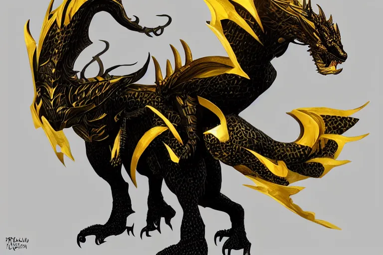 Image similar to ! dream full body digital illustration of an adult dragon of black and gold by randy vargas, bituminous design studio lighting, concept art, matte background, deviantart, artstation