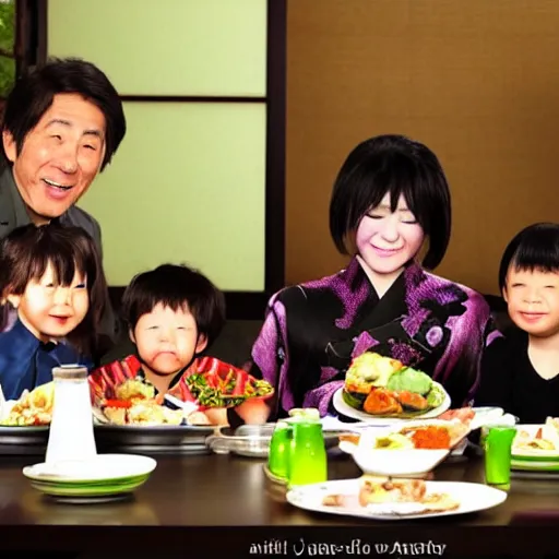 Image similar to photo of a japanese family having dinner with shrek