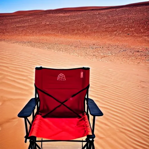 Image similar to a red camping chair in the middle of the sahara desert. the chair is 2 0 feet away from the camera.