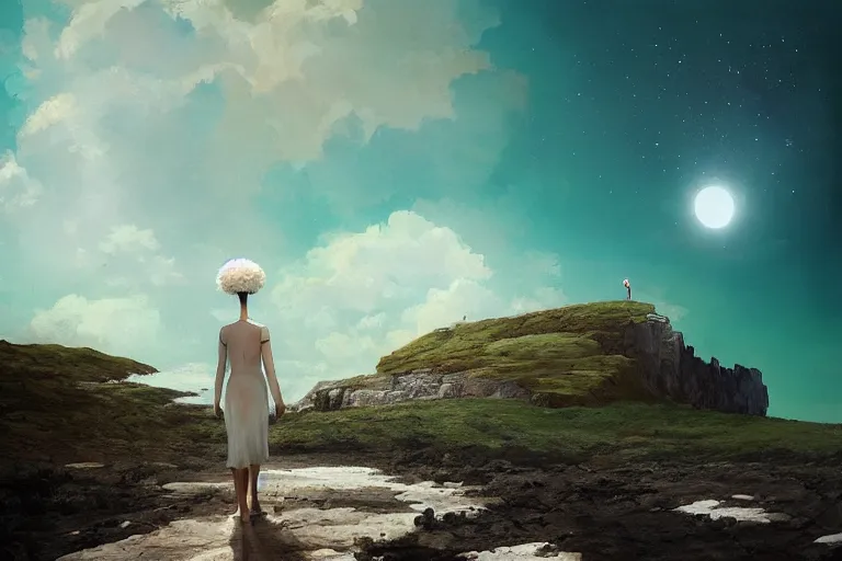 Image similar to giant white daisy flower on head, girl walking on cliff, surreal photography, solar eclipse, milky way, dramatic light, impressionist painting, clouds, digital painting, artstation, james gilleard, liam wong, jeremy mann, simon stalenhag