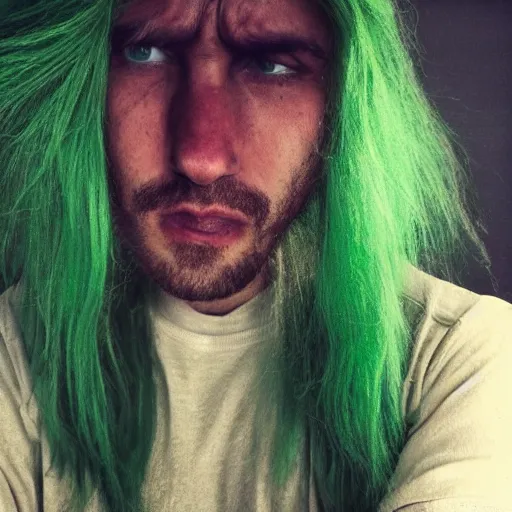 Image similar to a sad man with green hair