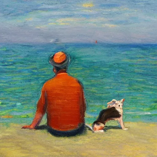 Image similar to a man staring off into the ocean with his dog, impressionist