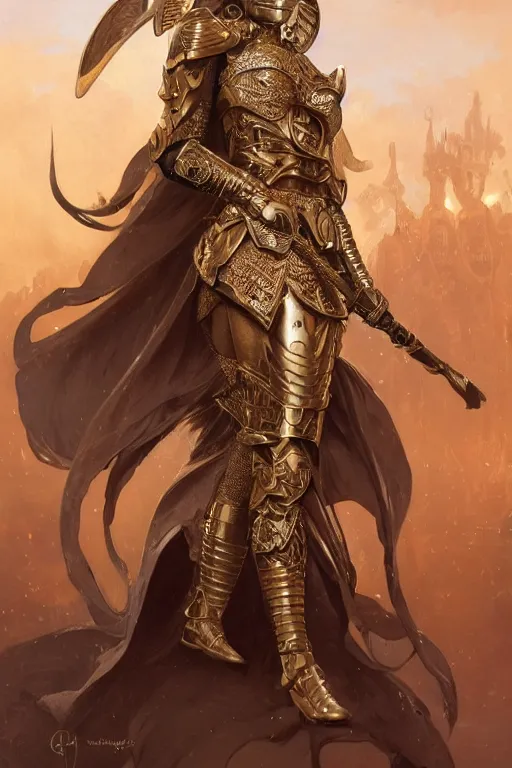 Prompt: a full body portrait of an attractive young female, ornate metallic helmet, intricate battle armor, olive skin, long dark hair, beautiful bone structure, intricate, elegant, highly detailed, digital painting, artstation, concept art, smooth, sharp focus, illustration, art by artgerm and greg rutkowski and alphonse mucha