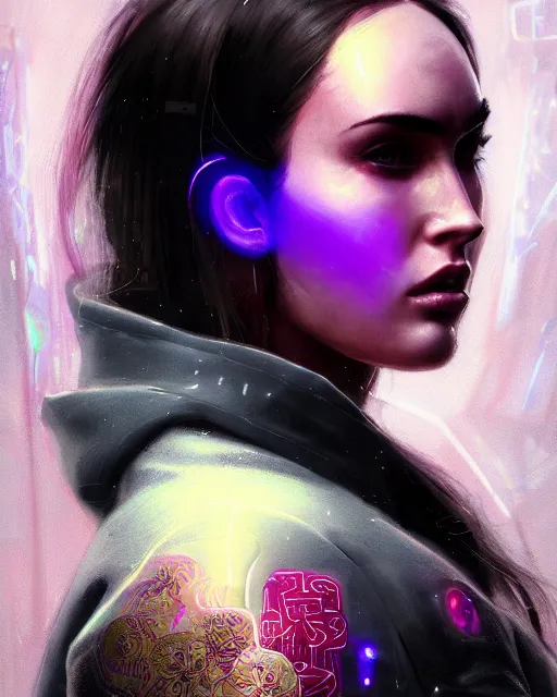 Prompt: detailed side profile portrait Neon Megan Fox, cyberpunk futuristic neon, reflective puffy coat, decorated with traditional Japanese ornaments by Ismail inceoglu dragan bibin hans thoma greg rutkowski Alexandros Pyromallis Nekro Rene Maritte Illustrated, Perfect face, fine details, realistic shaded, fine-face, pretty face