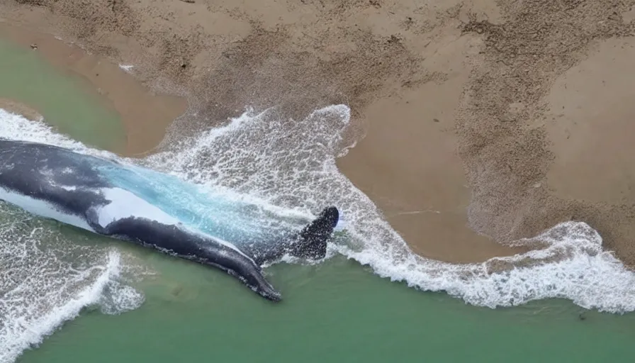 Image similar to astronaut suit in the shape of a whale, washed up on the beach. cnn news footage taken from above.