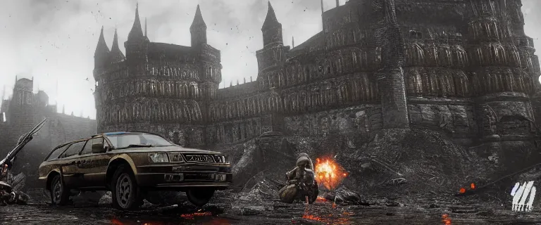 Image similar to Armored and Armed Military Audi 80 B3 Avant (1988) with a mounted M249 with soldiers on, Dark Souls 3, Eldritch Horrors, Wretched and Corrupted Knights, Battle, Fight, gunshots fired, a grim fantasy, Anor Londo, dramatic lighting, cinematic, establishing shot, extremely high detail, photorealistic, cinematic lighting, artstation, by simon stalenhag