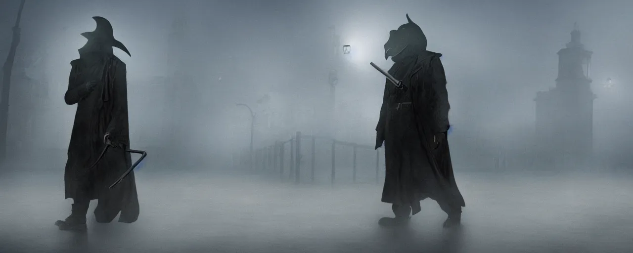 Image similar to Plague doctor walking through a city surrounded by fog.