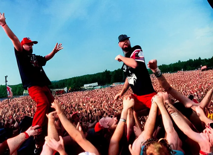 Image similar to photo still fred durst on stage at woodstock 9 9!!!!!!!! at age 3 3 years old 3 3 years of age!!!!!!!! crowd surfing, 8 k, 8 5 mm f 1. 8, studio lighting, rim light, right side key light