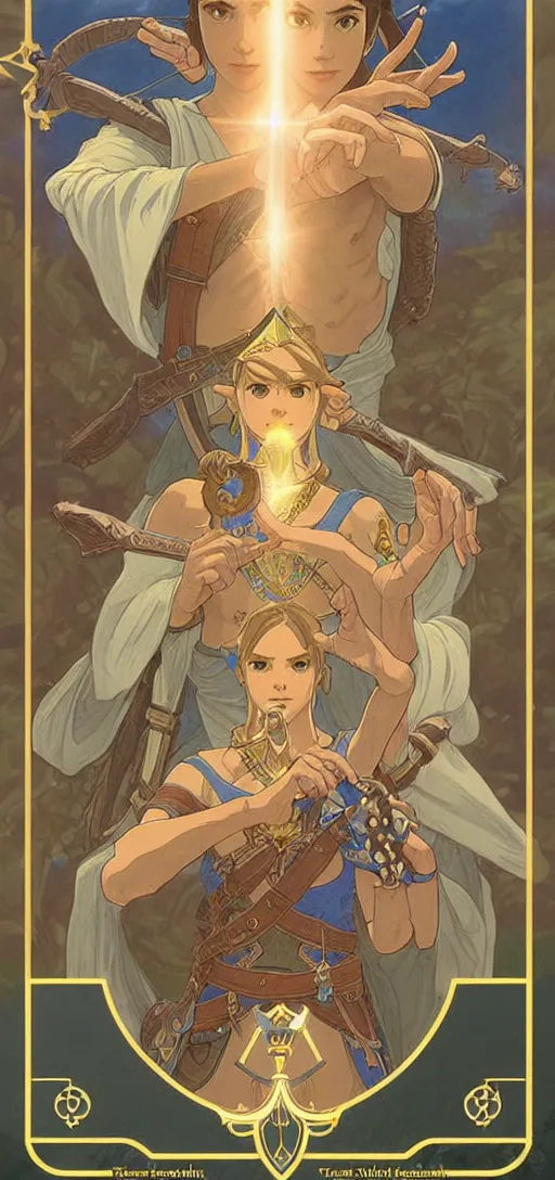 Image similar to perfectly detailed breath of the wild tarot card!! blessed by nature with ever - increasing physical mental perfection, symmetrical! intricate, sensual features, highly detailed, biblical divine holy perfection!! digital painting, artstation, concept art, smooth, sharp focus, illustration, art by artgerm and greg rutkowski and alphonse mucha