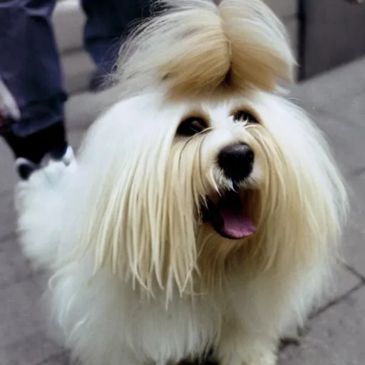 Prompt: a cream - colored havanese with long hair standing in front of a building, an album cover by david lachapelle, trending on tumblr, afrofuturism, windows vista, associated press photo, freakshow