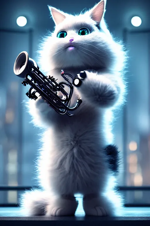 Image similar to high quality 3 d render very cute fluffy cyborg!! cat plays trumpet, cyberpunk highly detailed, unreal engine cinematic smooth, in the style of blade runner & detective pikachu, hannah yata charlie immer, moody light, low angle, uhd 8 k, sharp focus