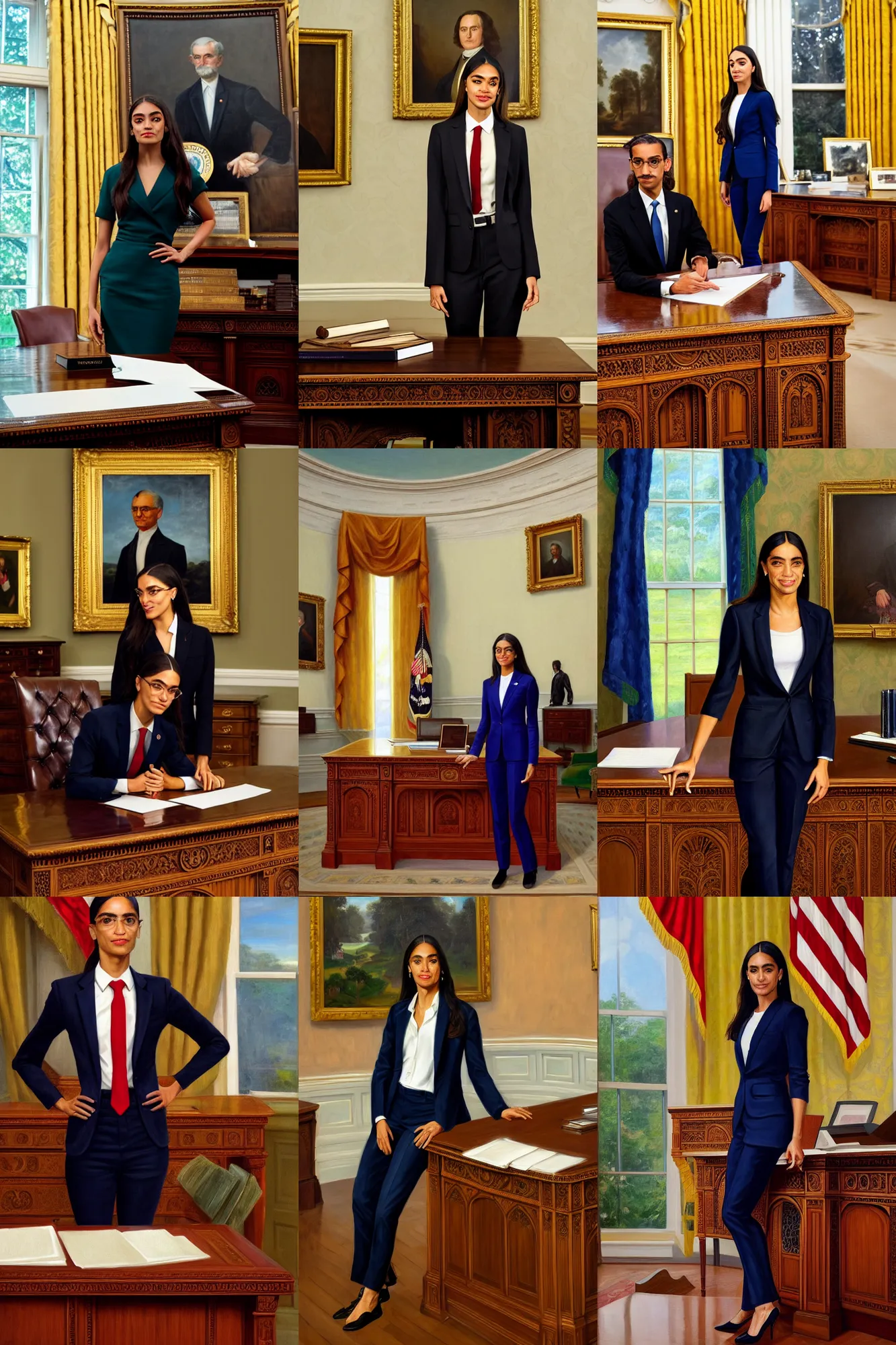 Prompt: full body portrait of the united states president, aoc, alexandria ocasio cortez, standing in the oval office, resolute desk, 2 0 2 4, oil on canvas by william sidney mount, trending on artstation, national archives