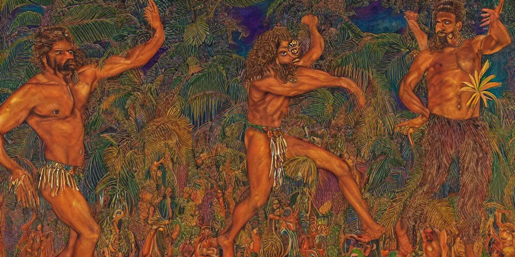 Image similar to an abstract tropical landscape, portrait of a hairy - chested dark - skinned greek god dancing. 2 4 mm, photorealistic, muted color scheme, directed by mati klarwein