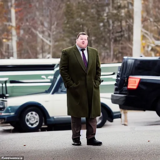 Image similar to the chubby white man stood patiently on the trailer lot, his legs spread apart, wearing an olive green overcoat, dark gray chalk stripe three-piece suit, a blue dress shirt with white cuffs and collars, a midnight blue necktie, and a pair of worn-in wheat Timberland Boots