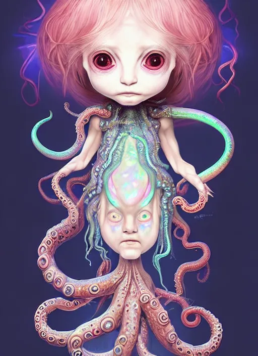 Image similar to A full shot of a cute magical monster Cryptid wearing a dress made of opals and tentacles. Chibi Proportions. Subsurface Scattering. Translucent Skin. Caustics. Prismatic light. defined facial features, symmetrical facial features. Opalescent surface. Soft Lighting. beautiful lighting. By Giger and Ruan Jia and Artgerm and WLOP and William-Adolphe Bouguereau and Loish and Lisa Frank. Sailor Moon. trending on artstation, featured on pixiv, award winning, sharp, details, intricate details, realistic, Hyper-detailed, HD, HDR, 4K, 8K.