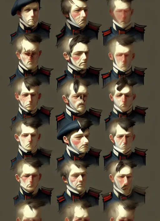 Image similar to 1 8 5 5 injured british crimean war soldier, character face study, multiple angles, directions and moods. faces only, concept art finely detailed perfect art, painted by greg rutkowski makoto shinkai takashi takeuchi studio ghibli, pinterest, cevagraf comics