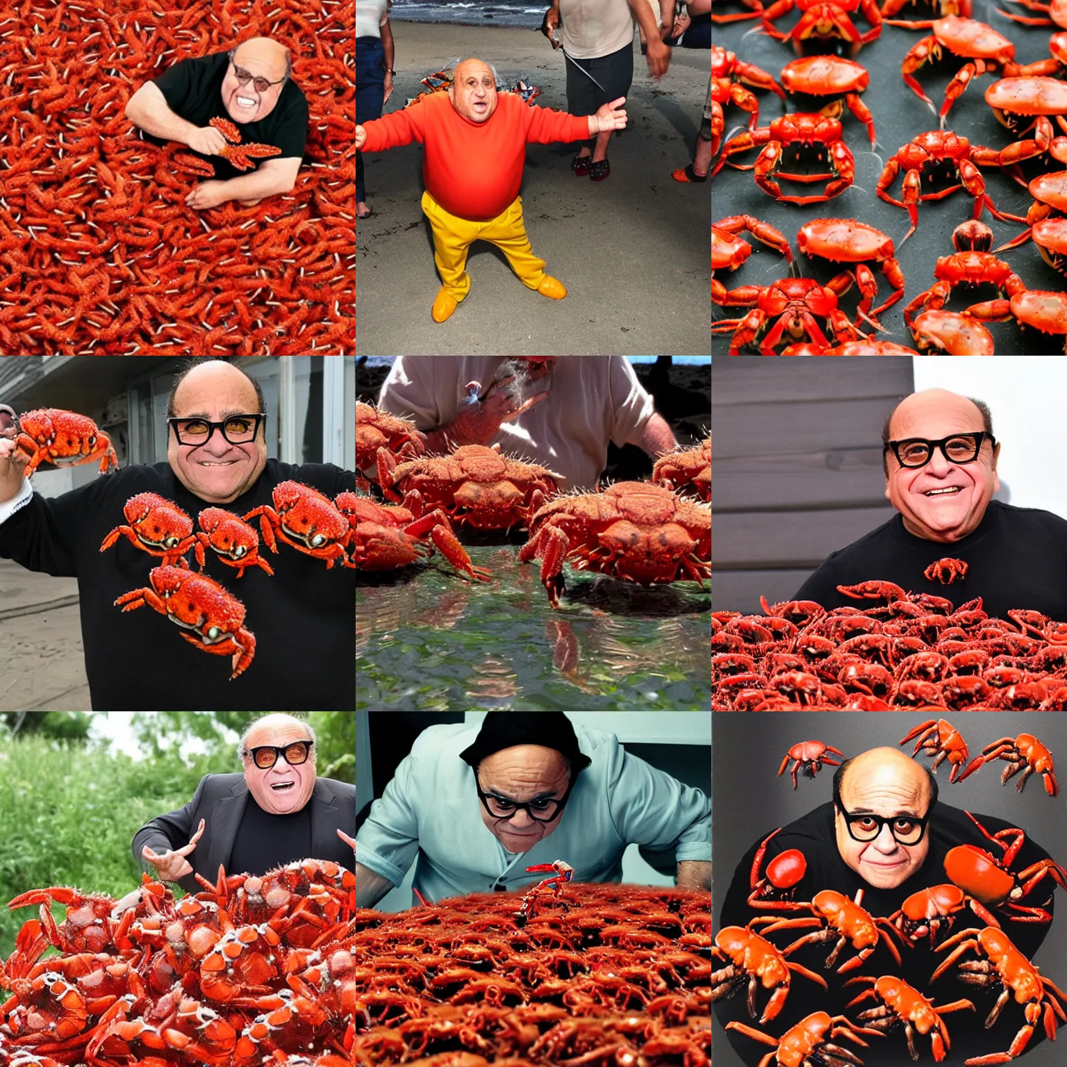 Prompt: Danny Devito fighting an army of small red crabs