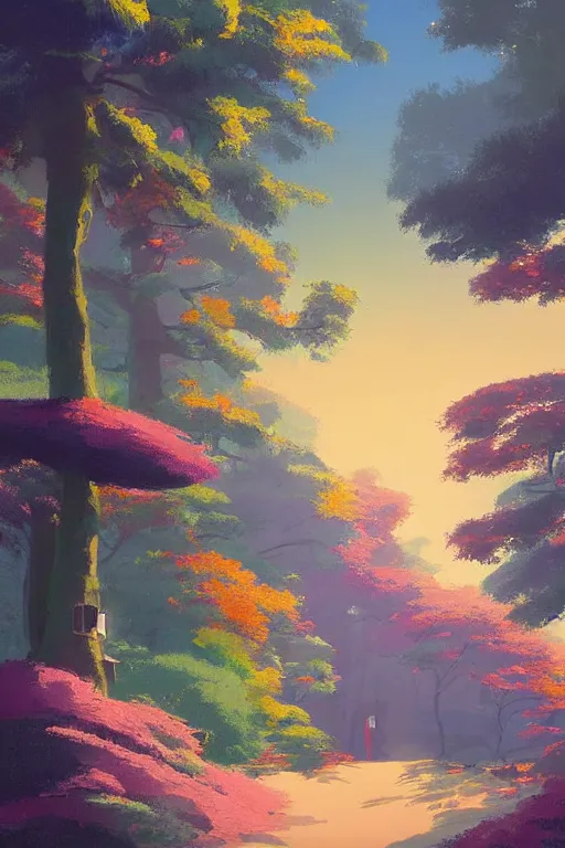 Prompt: Japanese Torii in a colorful moutain with trees ,morning , by studio ghibli painting, by Grzegorz Rutkowski, concept art