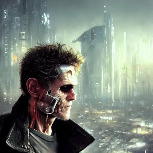 Image similar to closeup portrait of william dafoe, cyberpunk, shaggy ex military guy, city background, dramatic light, gorgeous view, depth, high detail, digital art, painted by greg rutkowski and seb mckinnon, neuromancer, trending on artstation