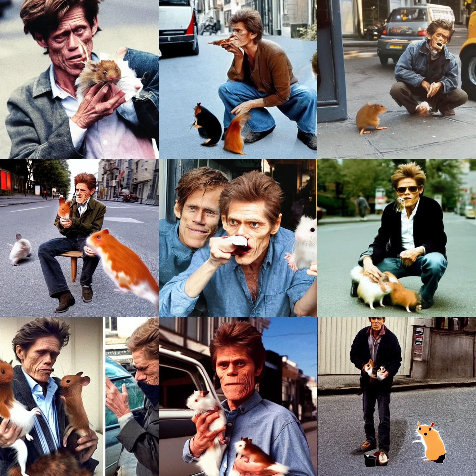 Prompt: A realistic photo of Willem Dafoe smoking and holding two hamsters on the street next to a van