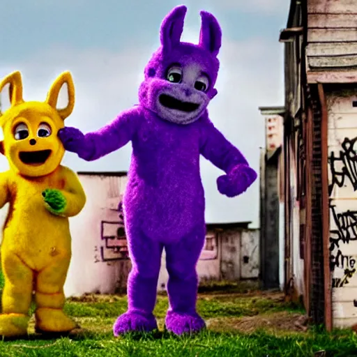 Image similar to Barney at war with mutant furry teletubbies in abandoned radiated graffiti town