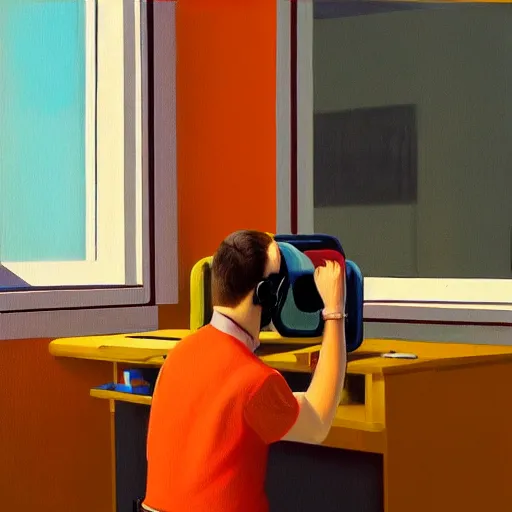 Prompt: A fine art painting of a man wearing Vr goggles dressed in orange overalls (and creating the metaverse at a desk with screens), view from outside looking in through a window on a British street. In the style of Edward Hopper and Wes Anderson