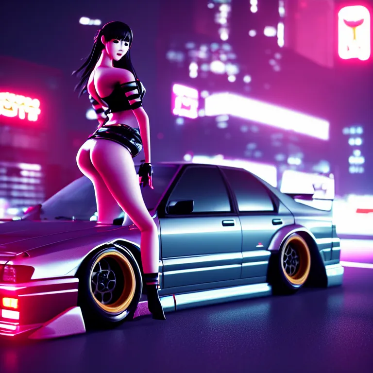 Image similar to toyota jzx 1 0 0 drift with cyberpunk girl standing, detailed - wheels, shibuya prefecture, cinematic lighting, photorealistic, night photography, octane render