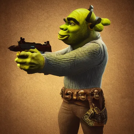 Prompt: pistol skin of shrek, masterpiece, highly detailed, high quality, 4 k, anatomically correct, hyperrealistic, concept art, octane render, unreal engine 5, trending on artstation, trending on deviantart, matte, historical painting, fantasy style, path traced, high coherence, soft lighting, digital painting, mythical