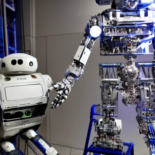 Prompt: Mark Zuckerberg robot undergoing repairs, photo, detailed, 4k