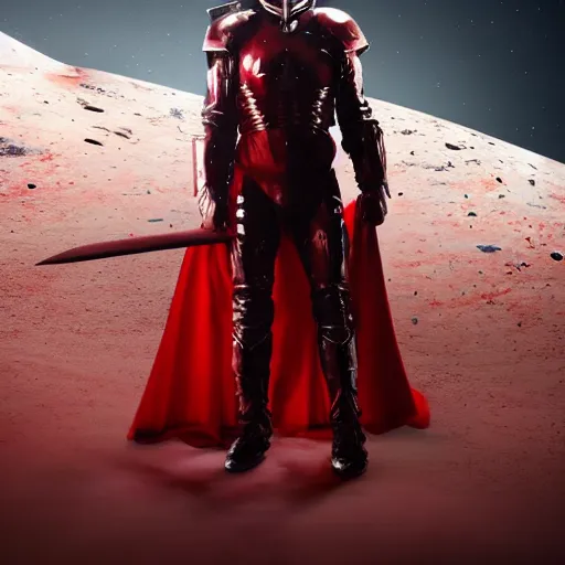 Image similar to a tall muscular soldier, wearing blood - spattered glossy sleek white dinged scuffed armor and a long torn red cape, heroic posture, determined expression, gritty, no helmet, on the surface of mars, dramatic lighting, cinematic, sci - fi, hyperrealistic, detailed