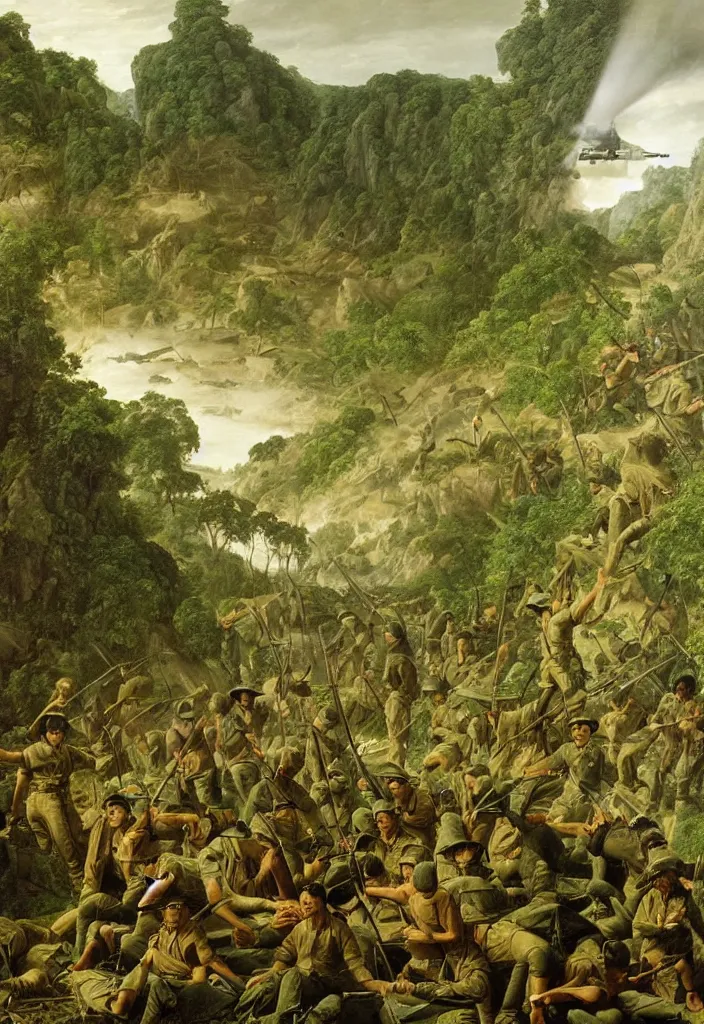 Prompt: vietnam war by jacques - louis david, green jungle, helicopters, battlefield