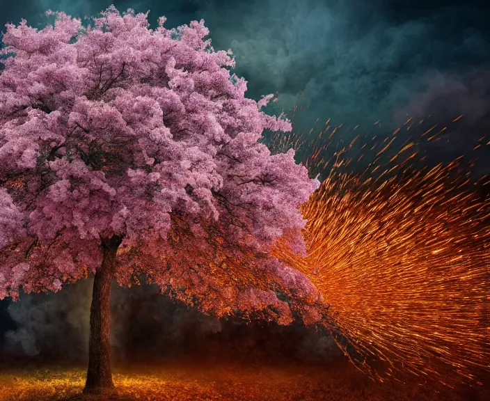 Image similar to 4 k hd, high detail photograph of blossoming tree, apocalyptic scenery, fire, shot with sigma f / 4. 2, 2 5 0 mm sharp lens, wide shot, volumetric lighting, high level texture render
