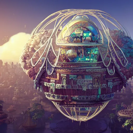 Image similar to enormous flying city in a faberge egg, sky, steampunk, fantasy art, masterpiece, unreal engine