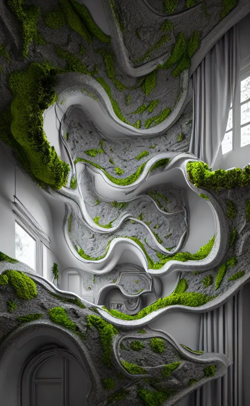 Image similar to highly detailed ultra sharp 3 d render villa interior cinematic composition of a smooth ceramic porcelain biomorphic magnolia stone nebula fluid fractal sci - fi surreal architecture landscape, granite, metallic, magnesium, marble, moss and lichen, vincent callebaut composition, mamou - mani, archviz, beautiful lighting, 8 k, unreal engine, hdr,