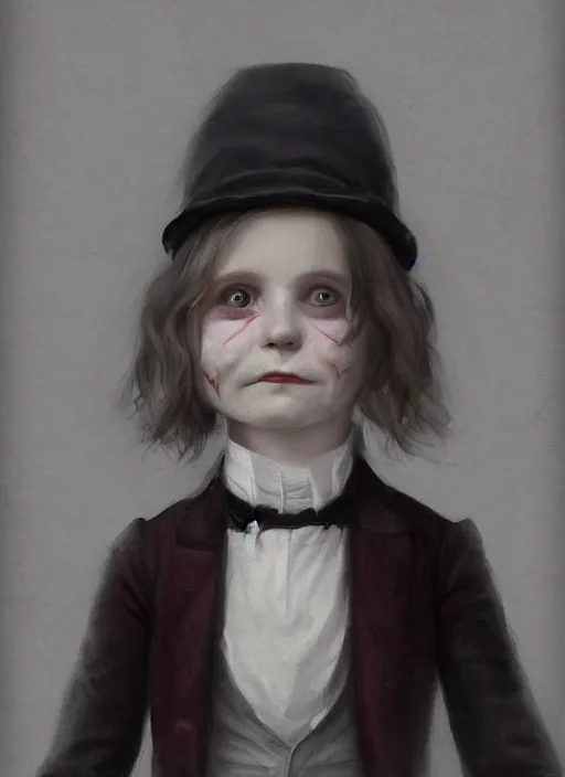 Prompt: portrait of an evil victorian child with dark sunken eyes and a creepy grin, digital art, trending on artstation